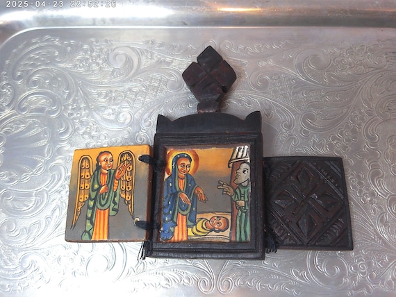 Vintage Ethiopian wood Icon triptych folk art religious wood art