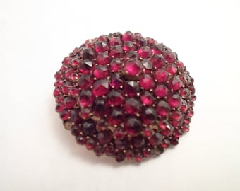 Antique Rose Cut Bohemian Garnet Pin Brooch Gold Gilt Sterling Multi Faceted and Size Stones produces Domed Brilliance missing stones