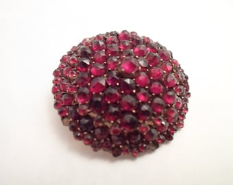 Antique Rose Cut Bohemian Garnet Pin Brooch Gold Gilt Sterling Multi Faceted and Size Stones produces Domed Beauty missing 3 tiny garnets