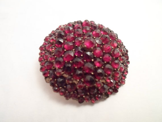 Antique Rose Cut Bohemian Garnet Pin Brooch Gold Gilt Sterling Multi Faceted and Size Stones produces Domed Brilliance missing stones