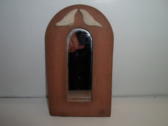 Vintage Mexican Folk Art Red Clay Arched Mini Mirror with Doves Primitive Warm Wall Decor Chic Cottage Adornment Indoor Outdoor