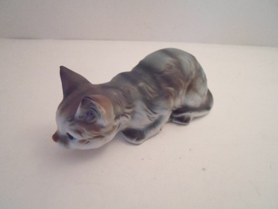 Vintage Enesco Cat Pouncing Grey Persian Kitty Kitten Adorable Face Original Label 1984