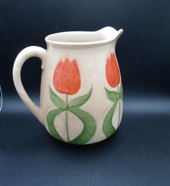 Antique Wheeling Pottery Avon Tulip Pitcher/Jug 1903/1909 Embossed Tulips Hand Painted 7"x 6.75" Marked WPts Co