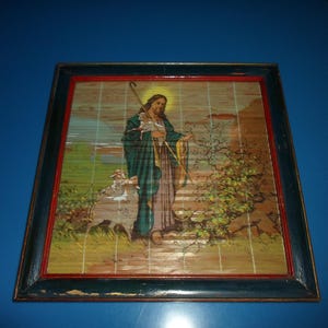 Vintage Jesus the Good Shepherd Trompe L&#39;oeil Style Art Hand Painted Original Wood Frame Protection His Flock