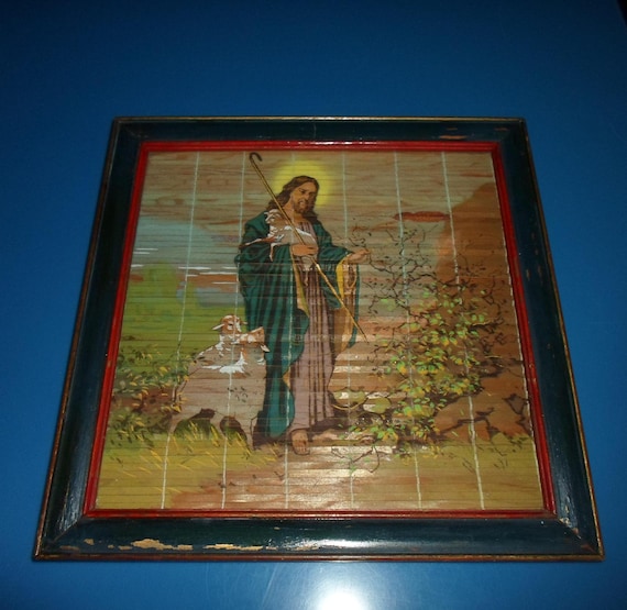 Vintage Jesus the Good Shepherd Trompe L'oeil Style Art Hand Painted Original Wood Frame Protection His Flock