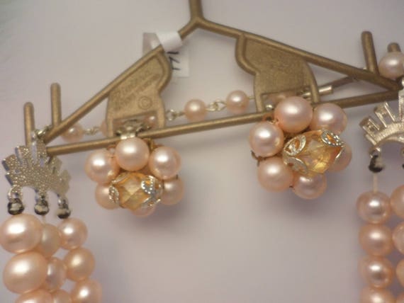 New old Riviera costume peach faux pearl & crystal necklace and clip earrings 1960's