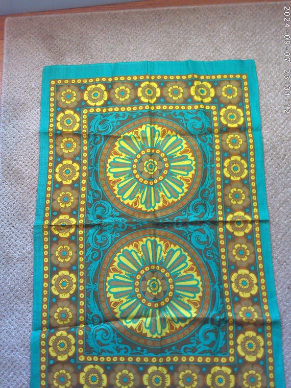 Vintage never used Irish Linen fantastic vibrant colors teal greens, yellow, design is called Arabian