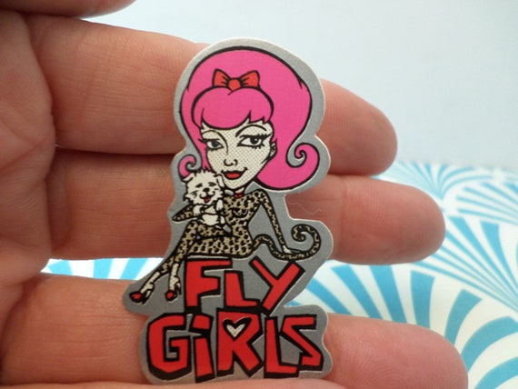 Vintage original 90's sticker Fly Girls Black Flys sunglasses leopard pink hair GLAM