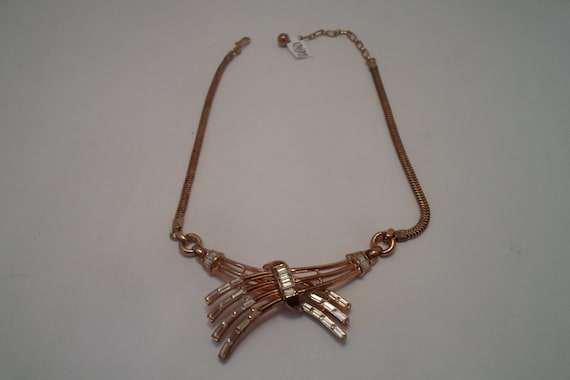 Vintage Hollywood Regency Signed Trifari Necklace Baguette Rhinestones Snake Chain Goldtone Forks Chic Crown Imprint