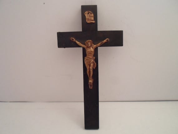 Antique Art Deco Wood Convent Cross Crucifix Catholic Christian Spiritual Sturdy Used Above the Bed INRI Gothic