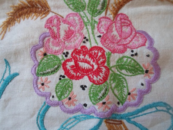 Art Deco Linen Embroidered Table Runner Dresser Scarf Ribbons Roses Thrushes of Wheat