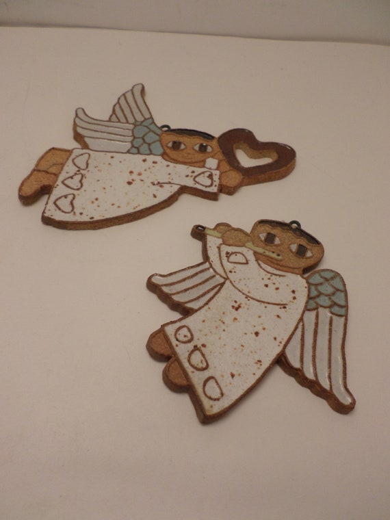 Vintage 70's stoneware cut out Angels from California Angel heart Christmas ornament