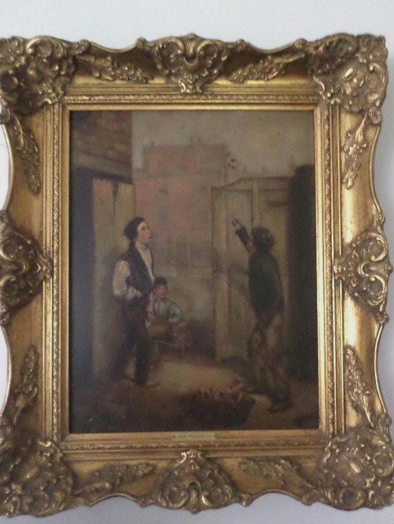 Antique Oil on board painting John Charlton R.A. Gamblers in lowlife framed
