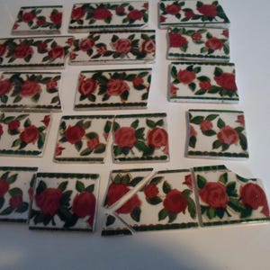 Antique Vintage Tiles Group Salvage Hand Painted Cottage Rose Border Tiles 3&quot;hi various sized as found pieces