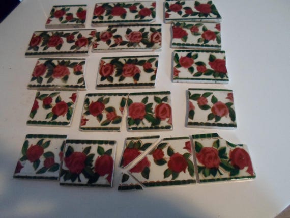 Antique Vintage Tiles Group Salvage Hand Painted Cottage Rose Border Tiles 3"hi various sized as found pieces