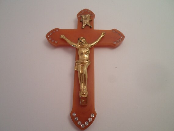 Vintage Art Deco Crucifix Butterscotch Bakelite Jeweled Cross Beautiful INRI Symbol Unusual