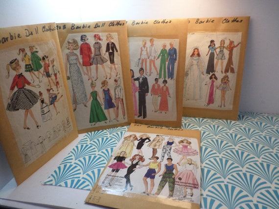 5 packs of loved vintage Barbie patterns 1960's-1990's Ken fur coat Tennis bride
