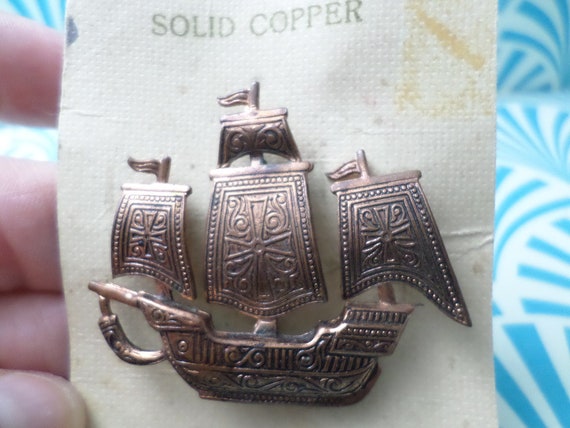 Vintage 1940's-50's solid copper ship broch, pin deadstock never used Made in Spain