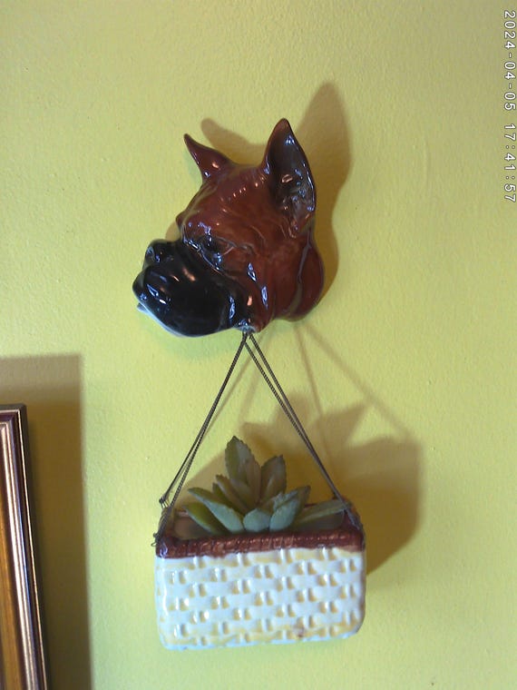 Vintage 50's-60's era Boxer dog head with planter basket hanging foil stickers Pacific Japan RARE
