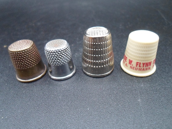 Vintage Thimbles Lot of 4 Metal Steel Hard Plastic Advertising George Flynn Insurance Cute!