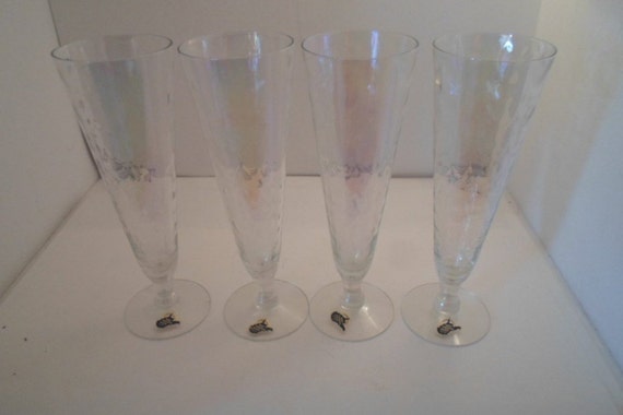 Antique Vintage Rainbow Loop Optic Iridescent Luster Pilsner Beer Glasses Original Stickers West Virginia Glass Co.Hand Made Stunning