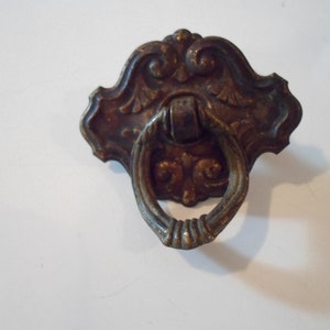 May include: An ornate, antique-style, brass cabinet pull with a ring handle. The pull has a decorative, floral design.