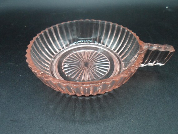 Vintage Art Deco Pink Depression Glass Nappy Trinket or Low Dessert Dish Single Handle Queen Mary Ribbed Pattern