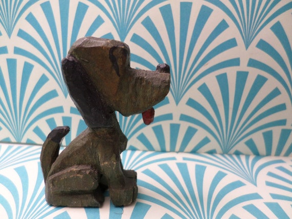 Vintage 1940's carved wood dog figurine, Pluto like dog, painted face details., stands 2.5" tall