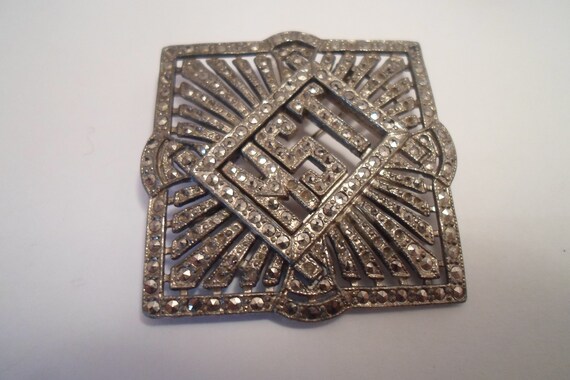 Vintage Art Deco Marcasite Pin Large 4 Corner Des… - image 3