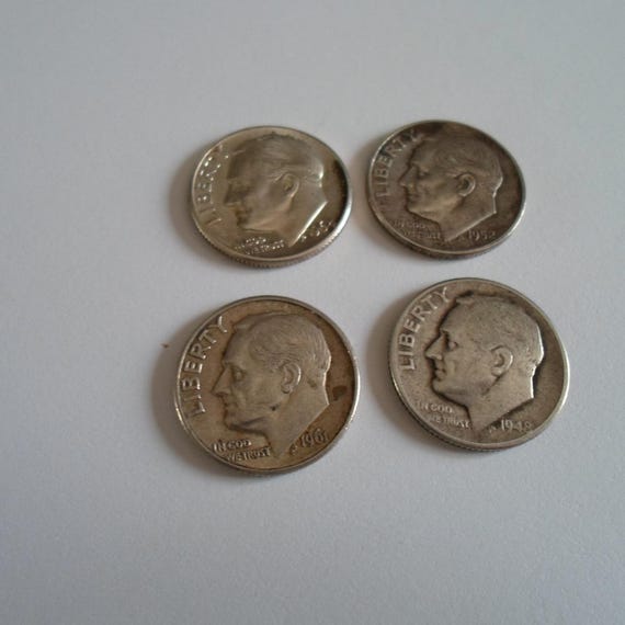 4 Silver Roosevelt Dimes 1952D 1948D 1964D 1961D 90% Silver Great Investment USA