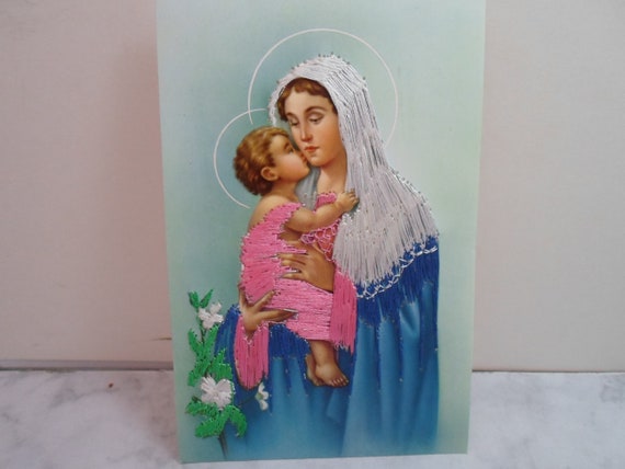 Vintage Embroidered Large Holy Cards Blessed Mother Mary And Child Jesus Frameable