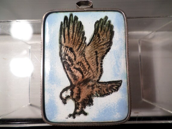 Man's hand painted enamel over copper EAGLE wrapped in Alpaca silver Pendant vintage 70's earth american bohemian