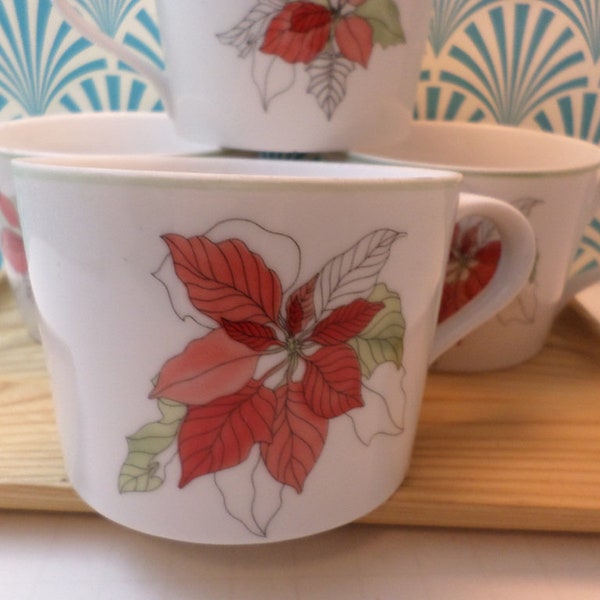 1982 Block Spal Portugal watercolors Poinsettia porcelain coffee cups double sided design bistro style