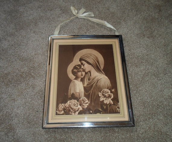 Vintage Madonna and Child Print: Sepia Tones, Roses, Metal Frame (10x12)