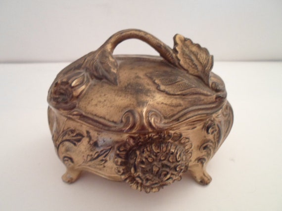 Vintage Art Nouveau Original Jewelry Casket Box Cast Metal Flowers Leaves Mums Trinkets Earrings 1900's