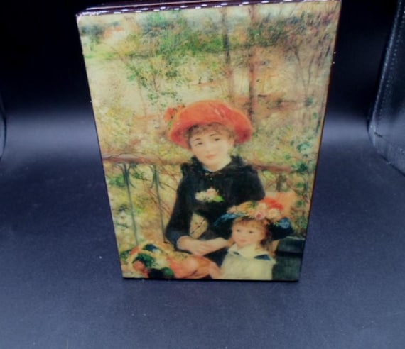 Vintage Music Box Pierre Auguste Renoir Two Sisters on Terrace plays Love Story 1980's Lacquered Wood
