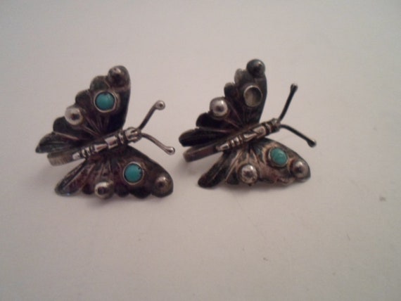 Antique Vintage Silver and Turquoise Butterflies Screw Back Earrings signed Silver Mexico Adorable Detailed Wings with Applied Stones as is