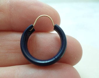 vintage 70&#39;s pierced earrings hoops .5 inch navy blue painted 1/20 12 kt. gold filled wire