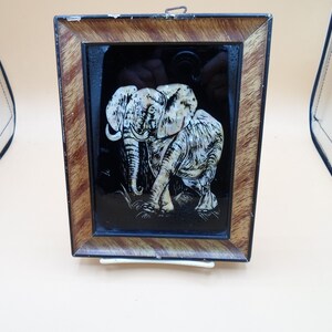 Vintage Abalone Reverse Painted Elephant Art Painting 7&quot;x5&quot; Faux Burled Wood Frame tiny frame flake