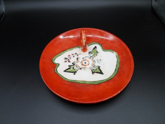 Vintage Czech Nappy Dish has Cup Handle 6" Hand Painted Trinkets Candle Carrier Well love lots of Character As Is