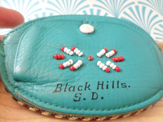 Vintage 50's roadside souvenir soft turquoise leather and beaded coin purse Black Hills S.D.