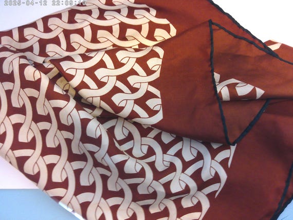 Vintage all silk Jean Casanave scarf brown with black piping cream color chain link, super chic style