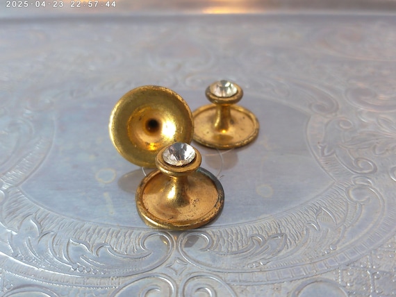 Vintage 1900's Victorian to Deco era shirt studs gold tone and crystal rhinestone diamond color3 pc collar and neck