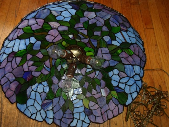 Vintage Large Hyacinth Leaded Stained Glass Hanging Lamp Stunning Colors of the Hyacinth Flowers Very Good Condition 18" across