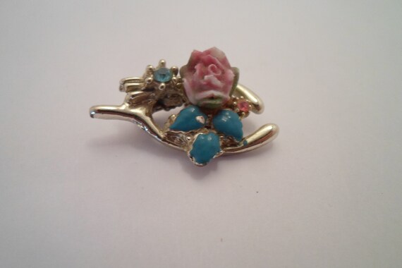 Vintage Antique Wishbone Rose Enamel Gold Tone Pin Brooch Good Luck Good Travel Congradulations Delicate gemstones hand painted