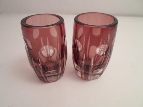 Antique Barvarian Mini Blackberry color Crystal cut to Clear Small Sipping Liquor Glasses 2"tall 1"wide Whiskey Sherry Cordial