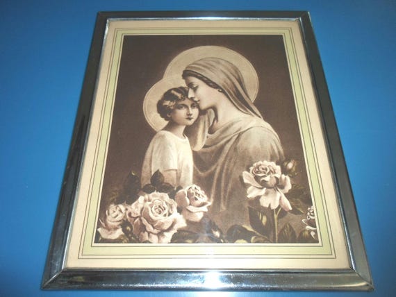 Vintage Madona and Child Jesus Print Sepia Tones with Roses in Metal Frame Created Home Folk Read Description 10"x12"