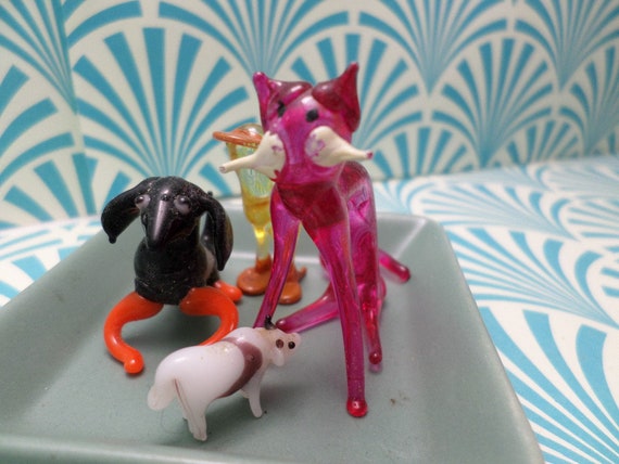 4 Murano type miniature art glass animals real vintage Cat, Dog, Duck, mini cow