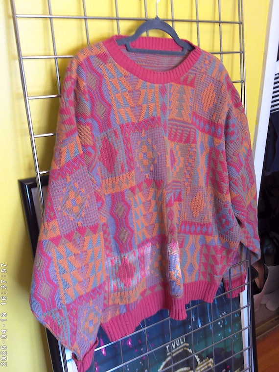 Vintage 80's Peter Jon cotton sweater lilac dusty peach melon golden yellow Aztec print 46 XL