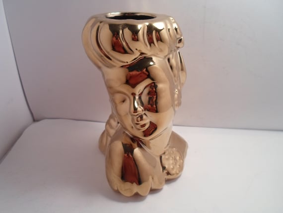 Vintage Art Deco Style Swing Era Large Head Vase Gold Reflecting Finish Stunning Lady Face Beautiful